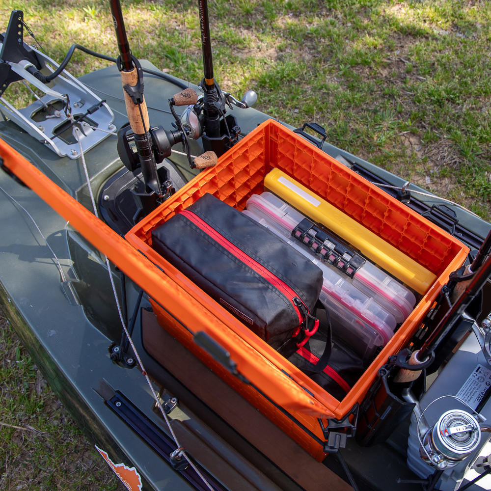 fishing crate rod holder YakAttack BlackPak Pro 13x16 Kayak Fishing Crate Orange